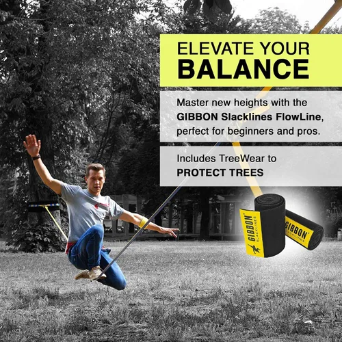 Vista 5 de GIBBON Slacklines Flowline con ropa de árbol, amarillo/azul, 82 pies (línea de 74 pies + correa de trinquete de 8 pies con lazo reforzado) línea