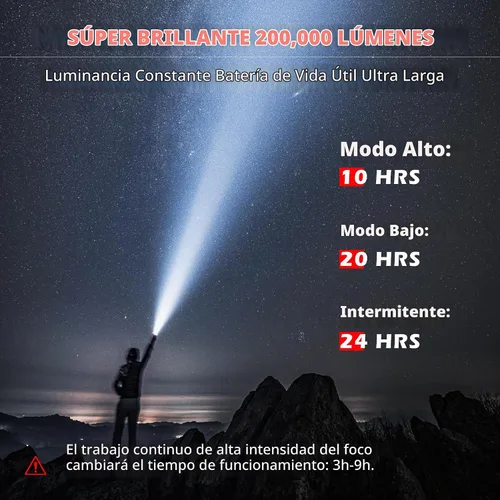 Vista 4 de FORTO Foco recargable, 200000 lúmenes, luz de mano con soporte plegable, 6 modos IPX7, impermeable, luces LED para pasear al perro, caza, camping
