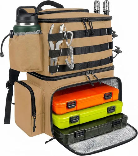 Vista 13 de MATEIN Mochila para Pesca, Bolsa de Equipo de Pesca Resistente al Agua con Soportes para Caña de Pescar y Enfriador, Regalos de Equipo para Hombres