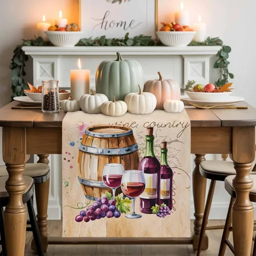 Vista 3 de Camino de mesa de otoño, caminos de mesa de vino y uva, cosecha, Acción de Gracias, vintage, barril de vino, de algodón, lino, bufanda, cocina, mesa