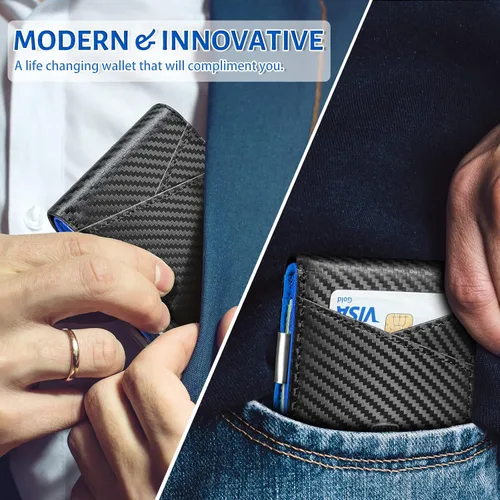 Vista 25 de GSOIAX Cartera delgada de cuero plegable RFID para hombre, billetera minimalista con bolsillo frontal con clip para dinero, 12 ranuras para Negro