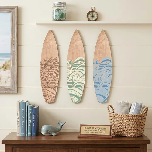 Vista 4 de RattanView Juego de 3 piezas de decoración de pared de tablas de surf de 11.8 x 3.4 pulgadas, tabla de surf de madera ondulada, playa, verano