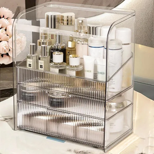 Vista 12 de Organizador de maquillaje para encimera, vitrinas de cosméticos grandes, organizador de cosméticos para el cuidado de la piel, 2 cajones
