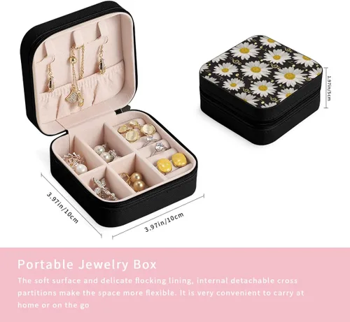 Vista 6 de IMPCOKRU Estuche de viaje portátil para joyas, notas musicales doradas y margaritas, ligero, organizador de joyas para mujeres y niñas.