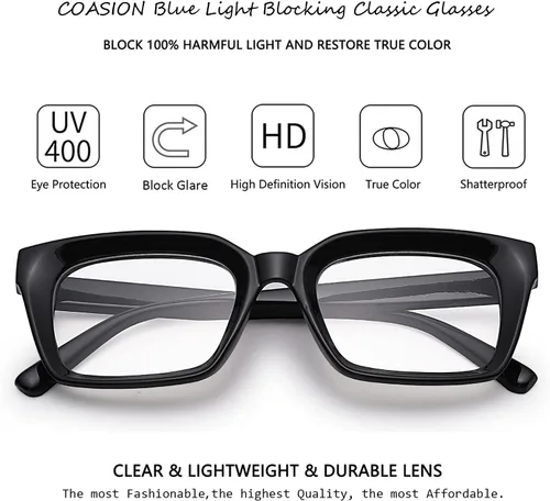 Vista 5 de COASION Lentes de bloqueo de luz azul, lentes clásicos gruesos con montura cuadrada para mujeres y hombres