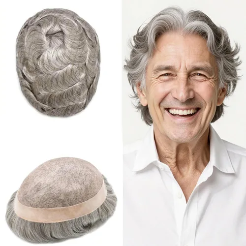 Vista 48 de Toupee de cabello humano fino mono revestido de poliéster para hombre, postizo de monofilamento duradero NPU monofilamento tupé para hombres