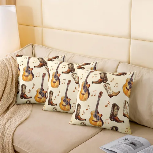 Vista 4 de Castle Fairy Cowboy Boots Throw Pillow Cover 16"x16" Bohemia Musical Guitar Pillowcase Western Rustic Cowgirl Reversible Print Cushion Cover Music