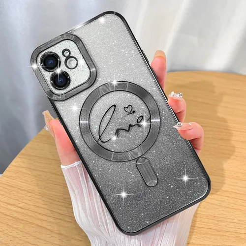 Vista 37 de ZIYE - Funda magnética diseñada para iPhone 13 con purpurina, color negro Luxury Plating Love Heart Compatible with MagSafe Camera Protection