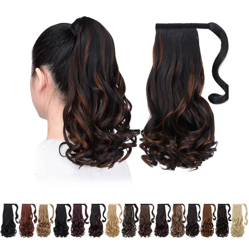 Vista 23 de Extensiones de cola de caballo caoba, cola de caballo rizada con clip, 22 pulgadas, 3.5 onzas, extensión de cabello sintético negro, extensión