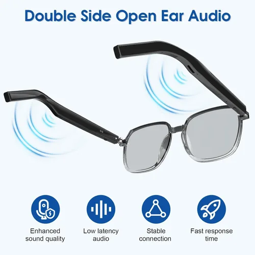 Vista 3 de Lentes de sol inteligentes con Bluetooth, lentes fotocromáticos anti luz azul, protección UV, audio de oído abierto, llamadas manos libres, control