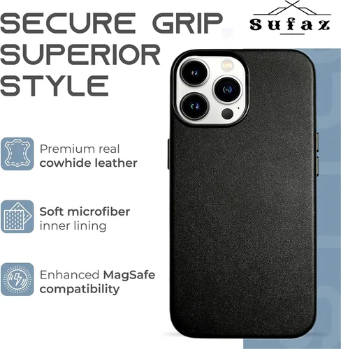 Vista 2 de Funda de piel para iPhone 14 Pro Max compatible con MagSafe, funda de piel de vaca auténtica de grano completo, botones de metal galvanizado, forro