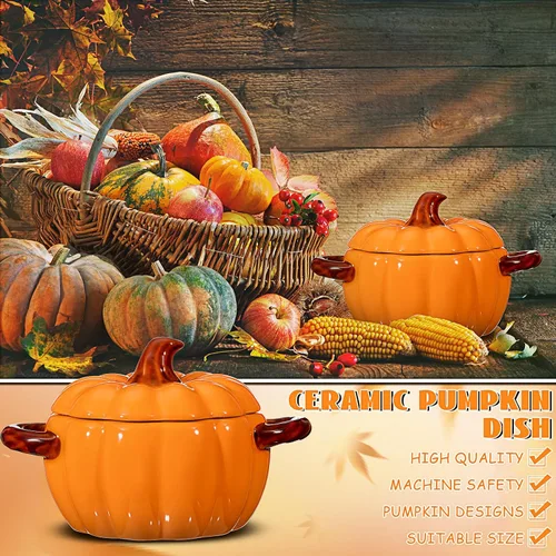 Vista 3 de Uiifan 2 cuencos de calabaza de cerámica para cocinar Acción de Gracias, cacerola de 17 onzas, plato de sopa naranja, lindo recipiente seguro