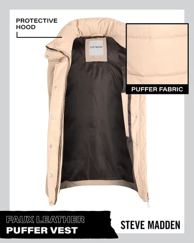 Vista 2 de Steve Madden Chaleco para mujer Chaleco de invierno acolchado de piel sintética para mujer Chaqueta acolchada sin mangas (S-XL)