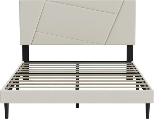 Vista 9 de IOILORI - Base de cama tamaño Full con cabecera tapizada en terciopelo de diseño geométrico, estructura robusta y listones de madera, silenciosa,