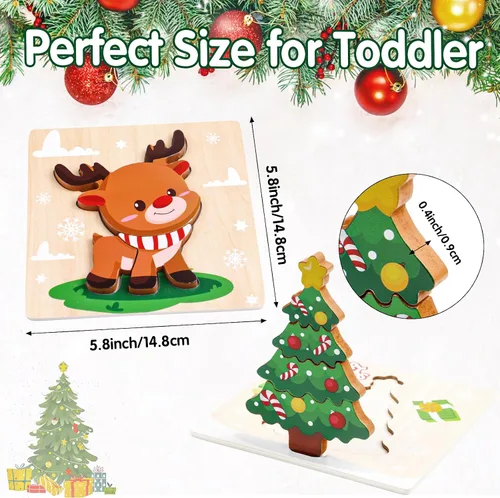 Vista 2 de FOIMAS Rompecabezas de madera de Navidad para niños pequeños, paquete de 4 rompecabezas de madera de Papá Noel, muñeco de nieve, reno, para niños