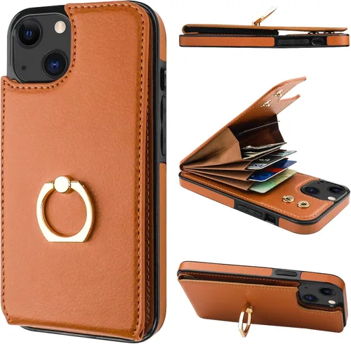 Vista 18 de Folosu Funda tipo billetera compatible con iPhone 14 con soporte para tarjetas, soporte de anillo para dedo con rotación de 360° y función atril