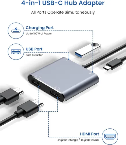 Vista 2 de Adaptador USB C a HDMI dual, divisor HDMI de 4K a 60Hz para monitores duales, pantalla extendida, carga PD de 100 W, puerto USB-A, Windows admite