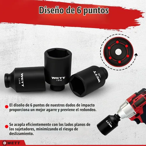 Vista 5 de WETT 1/2" Drive Juego de llaves de impacto profundo de gran tamaño, 8 piezas de tuercas de eje de husillo, juego de llaves grandes estándar SAE de 6