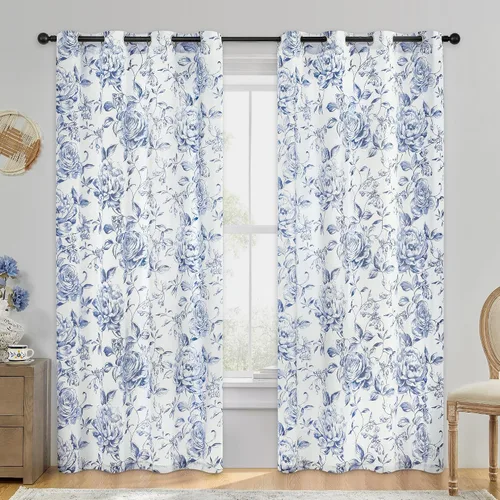 Vista 16 de Beauoop - Cortinas florales 100% blackout, de 84 pulgadas de largo, 2 paneles, para dormitorio, sala de estar, azul marino y blanco