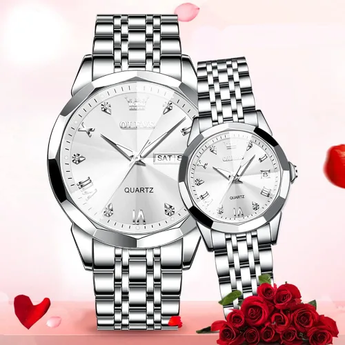 Vista 59 de OLEVS Reloj para parejas para él y ella, reloj analógico de cuarzo para hombres y mujeres, de acero inoxidable, impermeable, luminoso, fecha, reloj