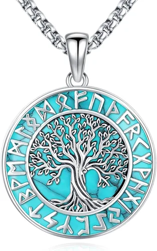 Vista 9 de Joyas de turquesa para mujeres y hombres de plata de ley 925 con colgante de urna para cenizas, collar con medallón de imagen, martillo de Thor