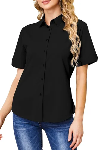 Vista 12 de Camisas con botones para mujer, sin arrugas, ajustadas, manga corta, formal, sólidas, blusas