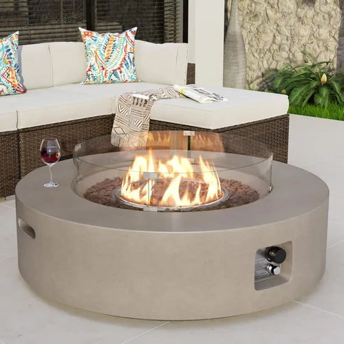 Vista 29 de COSIEST mesa cuadrada de propano para exteriores de arenisca con protector contra el viento, certificada, quemador de acero inoxidable de 50,000