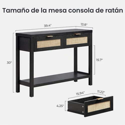 Vista 2 de SICOTAS Mesa consola negra con cajones de ratán - Mesa de entrada de ratán boho con almacenamiento, mesas consola pequeñas para entrada, mesa