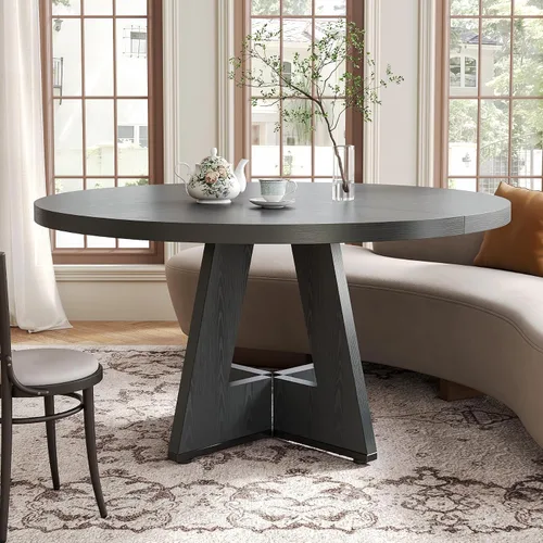 Vista 7 de LITTLE TREE Mesa de comedor redonda para 4-6 personas, mesa de comedor de 47 pulgadas con base de pedestal de madera, mesas de comedor negras, mesas