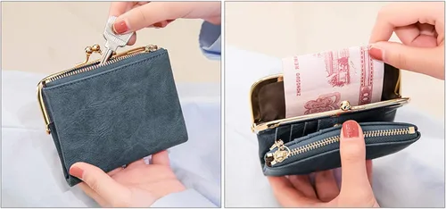 Vista 7 de PofeeXIO Billetera para Mujer RFID Pequeña Compacta Bifold de Cuero Vintage, Monedero para Damas con Cremallera y Cierre de Beso