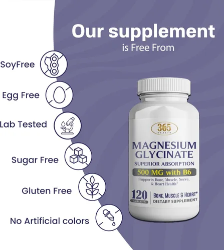 Vista 2 de 365 Health Glicinato de magnesio 500 mg por tableta – 120 tabletas vegetarianas – B6 añadido para una máxima absorción – Apoya la salud muscular