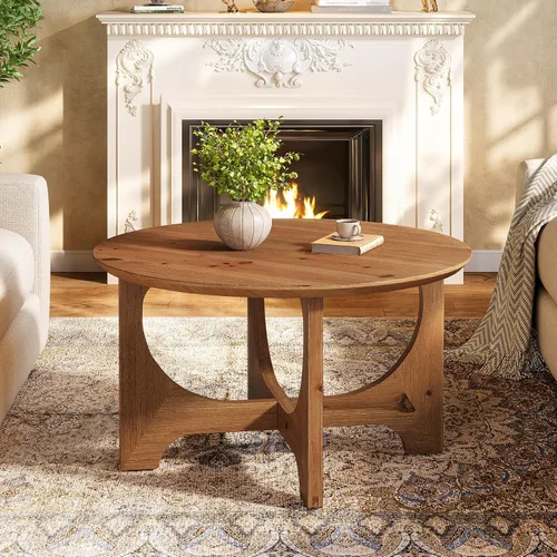 Vista 9 de Mesa de centro de madera maciza de 31.5 pulgadas, mesa central redonda de granja para sala de estar, apartamento, espacio pequeño, color marrón