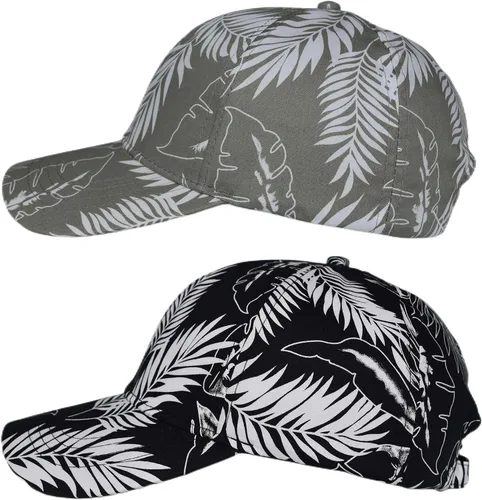 Vista 4 de Paquete de 2 sombreros de béisbol con estampado floral a la moda, ajustables, flores, hojas, hawaiano, playa, informal, al aire libre, para hombres