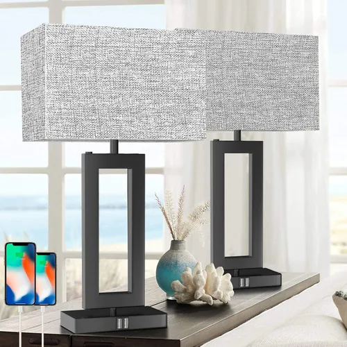 Vista 9 de Juego de 2 lámparas modernas para mesita de noche, con control táctil, USB C y A, regulables de 3 vías para dormitorios y sala de estar, gris y negro