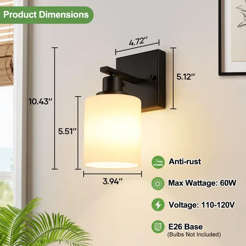 Vista 7 de MOKATNG Juego de 2 apliques de pared para baño, luces de tocador modernas negras con pantalla de vidrio blanco, lámpara de pared de baño