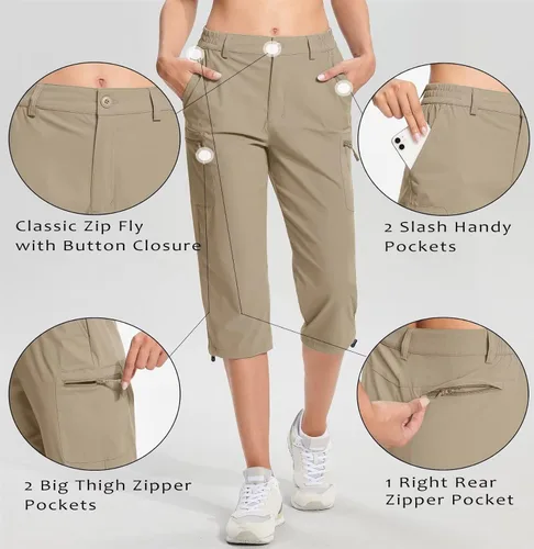 Vista 3 de TACVASEN Pantalones capri de senderismo para mujer, 5 bolsillos, ligeros, de secado rápido, debajo de la rodilla, pantalones cortos deportivos