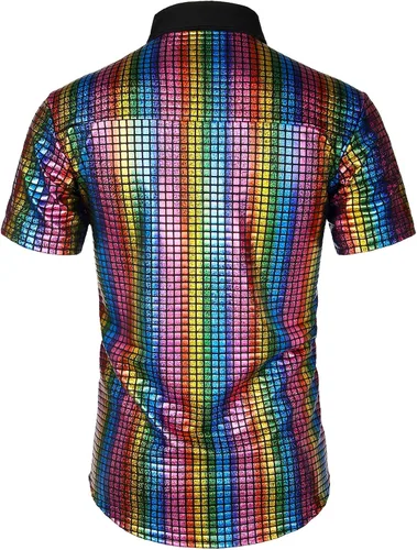 Vista 3 de JOGAL Camisa de vestir para hombre de lentejuelas plateadas manga corta botones hacia abajo de los años 70