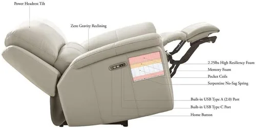 Vista 7 de Hydeline Torino Zero Gravity Power reclinable y reposacabezas de cuero de grano superior con puertos USB integrados, trufa, espuma viscoelástica