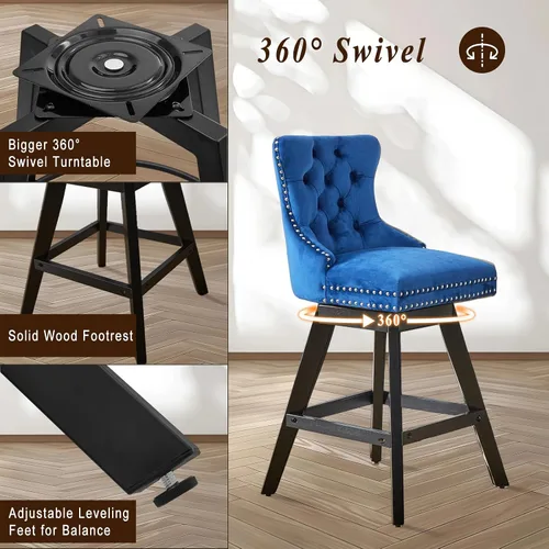Vista 256 de SoarFlash Juego de 2 taburetes de bar tapizados de terciopelo moderno con patas de madera, botones acolchados, cabeza de clavo cromada, asiento
