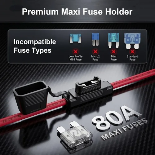Vista 7 de 2 Pack 6 AWG 12V Maxi Fuse Holder UL Recognized Wire with 80A Fuses IP67 6 Gauge Heavy-duty Fuse Holder for High-Current 12V Systems, Including