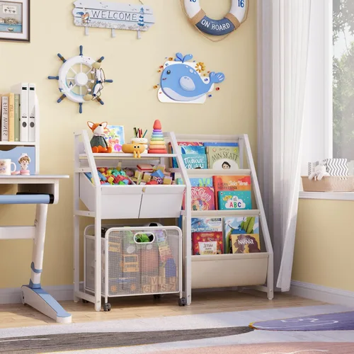 Vista 3 de Estantería para niños y organizador de almacenamiento de juguetes, estante de 3 niveles para habitaciones de niños con cajón móvil, estantería