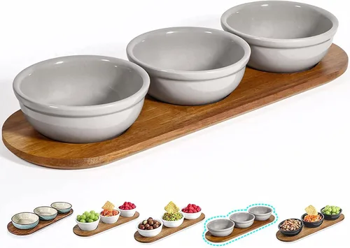 Vista 8 de Artena Juego de 6 Tazas de 177ml de Cerámica Sólida Turquesa para Chips y Dip con Bandeja de Madera de Acacia, Tazas de Servir Pequeñas de 11.4cm