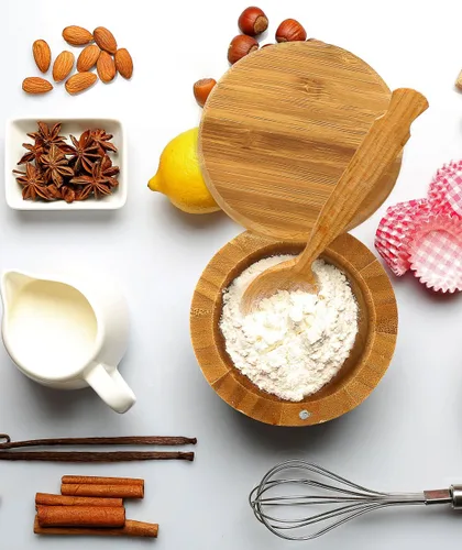 Vista 5 de Estilo Tazones de bambú prémium para sal y pimienta, recipientes de madera para especias con tapas giratorias magnéticas, perfectos para sal