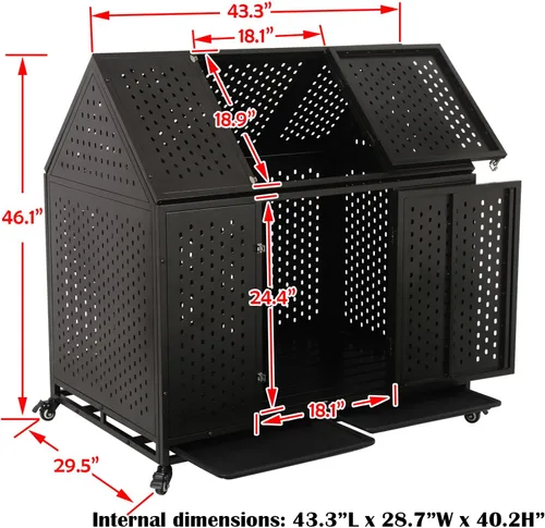 Vista 7 de Jaula para perros indestructible de 44 pulgadas con ruedas, jaula de acero a prueba de escapes para interiores, doble puerta, alta ansiedad