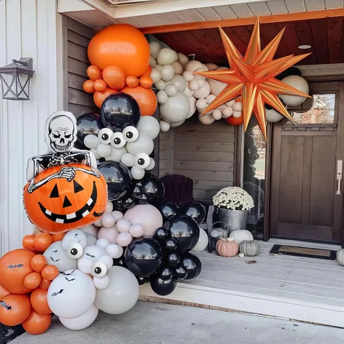 Vista 3 de Kit de arco de globos de Halloween con globos de estrella de explosión de calabaza de aluminio, kit de guirnalda de globos negros, naranjas y beige