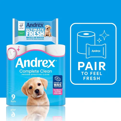 Vista 2 de Andrex 12 rollos de papel higiénico Complete Clean (anteriormente Andrex Classic Clean) Papel higiénico inmejorable con onda 3D única, certificado
