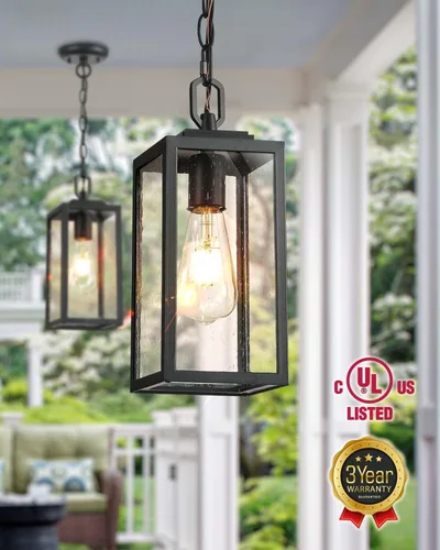 Vista 2 de VIANIS Luces colgantes al aire libre, lámparas colgantes exteriores para porche delantero, moderna iluminación exterior negra para patio con vidrio