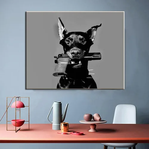 Vista 2 de HDYDJS Doberman Pinscher - Póster estético de pistola blanca y negra, pósteres e impresiones artísticas de pared para sala de estar, dormitorio