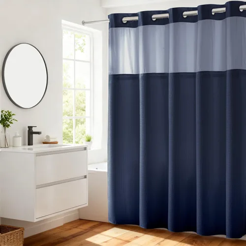 Vista 14 de Cortina de baño River Dream de gran peso sin ganchos necesarios con diseño de gofre punteado y forro a presión - 36W x 74H, de calidad hotelera