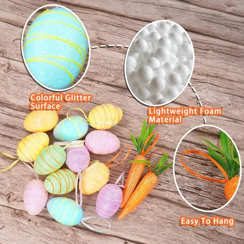 Vista 3 de YBB 24 adornos de zanahoria de huevo de Pascua, huevos colgantes de espuma brillante, zanahorias para suministros de fiesta de Pascua, decoración